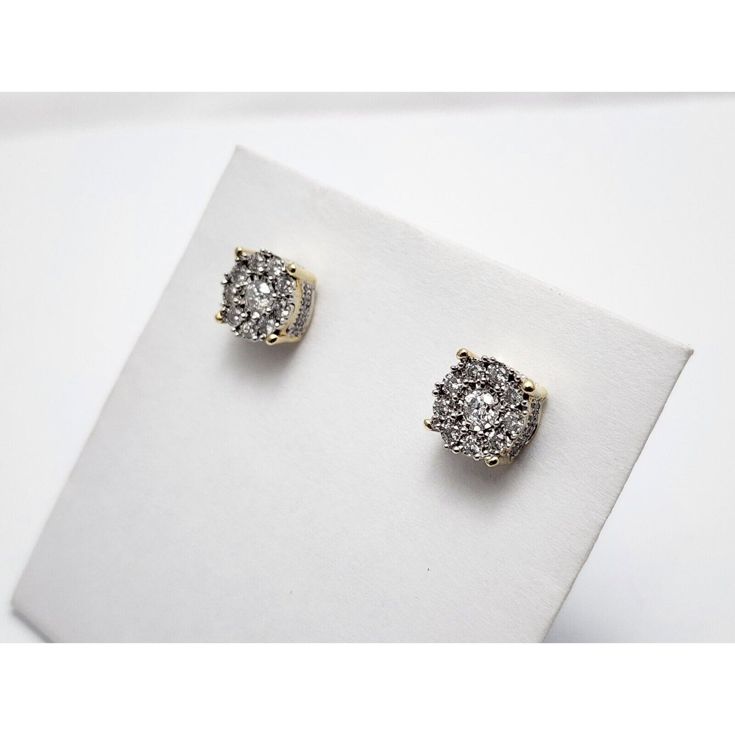 10K Two Tone Gold Round Diamond Flower Stud Earrings