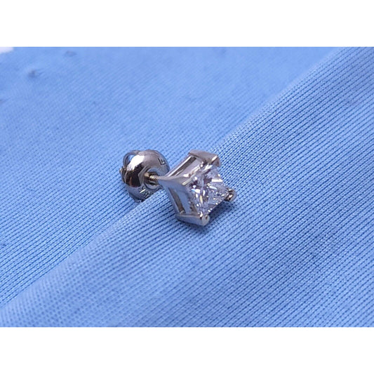 Single 14K White Gold Square Princess Cut Diamond Screw Back Stud Earring