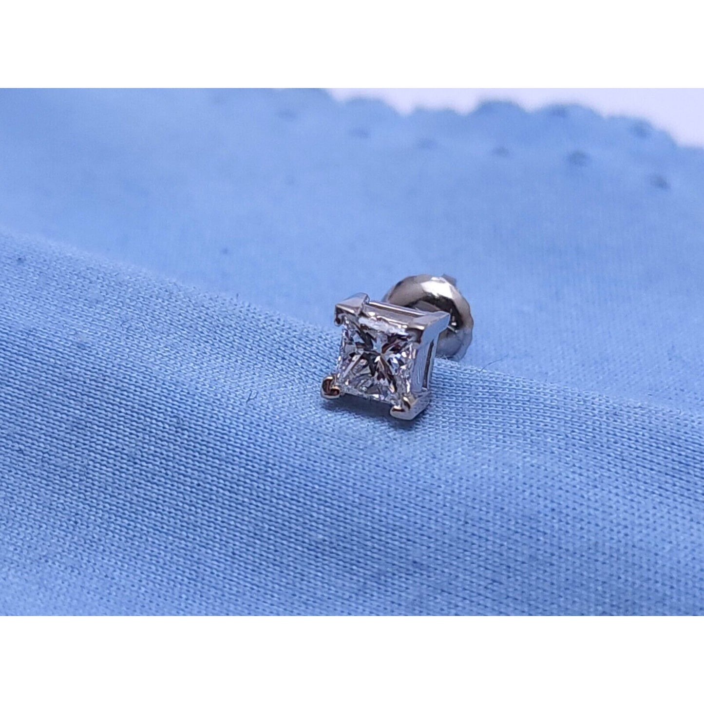 Single 14K White Gold Square Princess Cut Diamond Screw Back Stud Earring