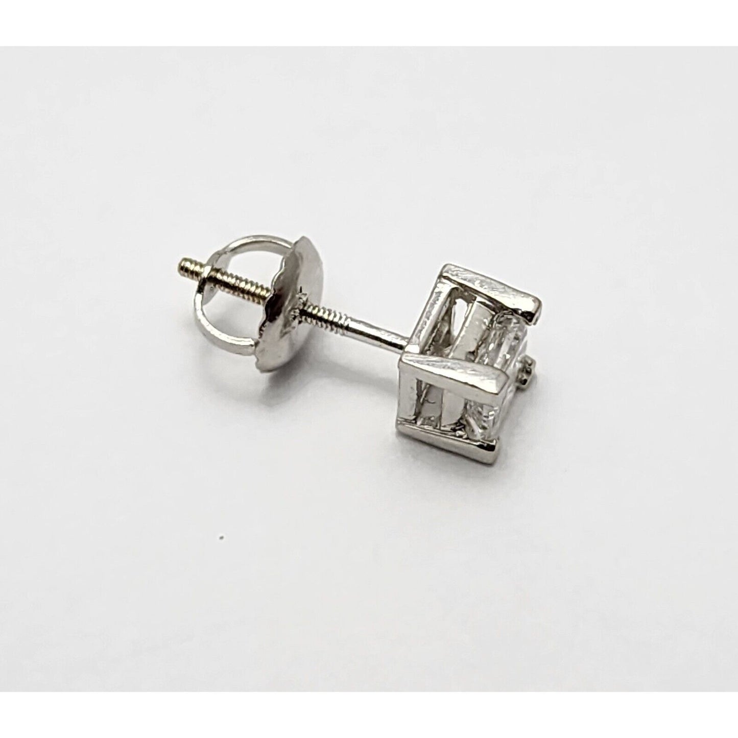 Single 14K White Gold Square Princess Cut Diamond Screw Back Stud Earring