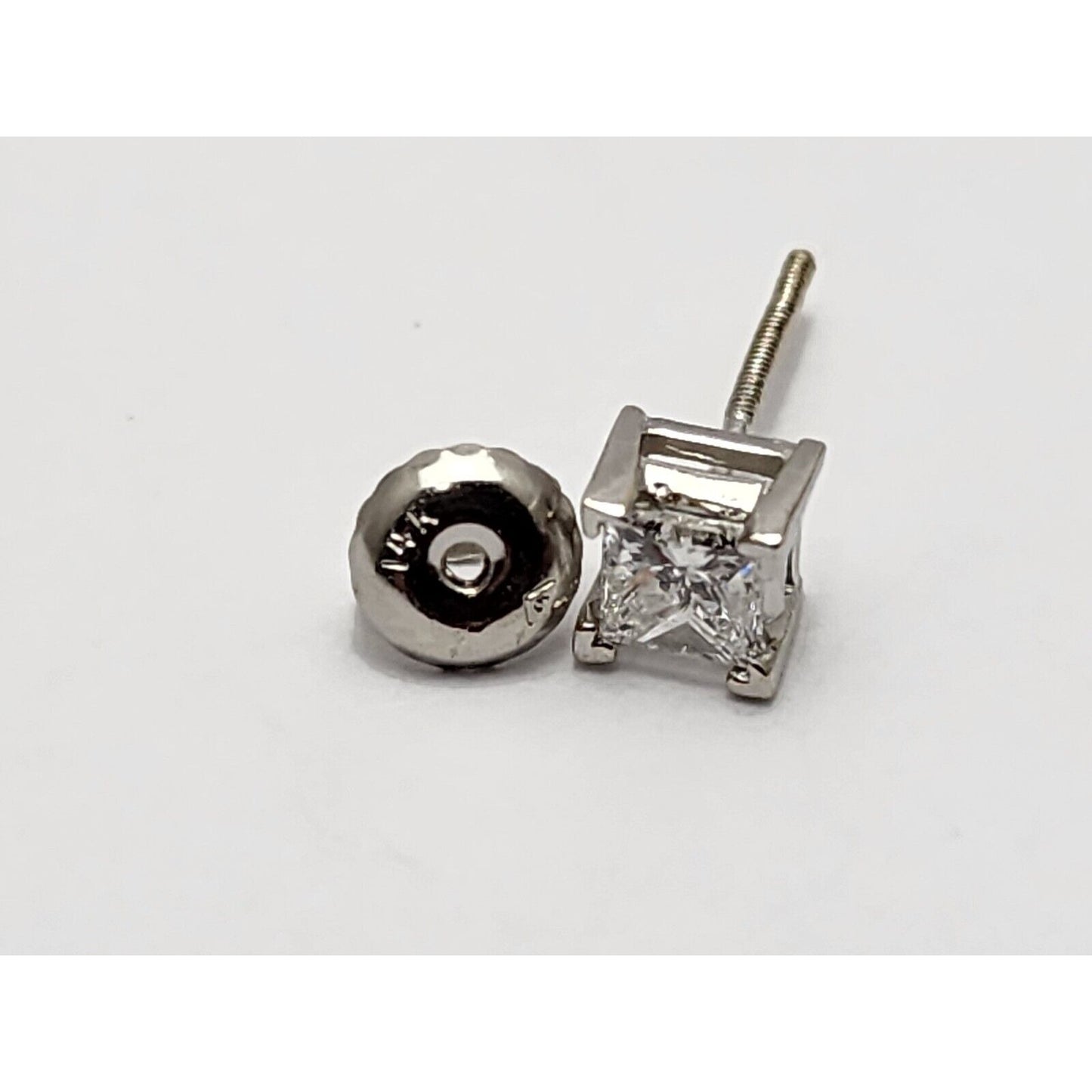 Single 14K White Gold Square Princess Cut Diamond Screw Back Stud Earring