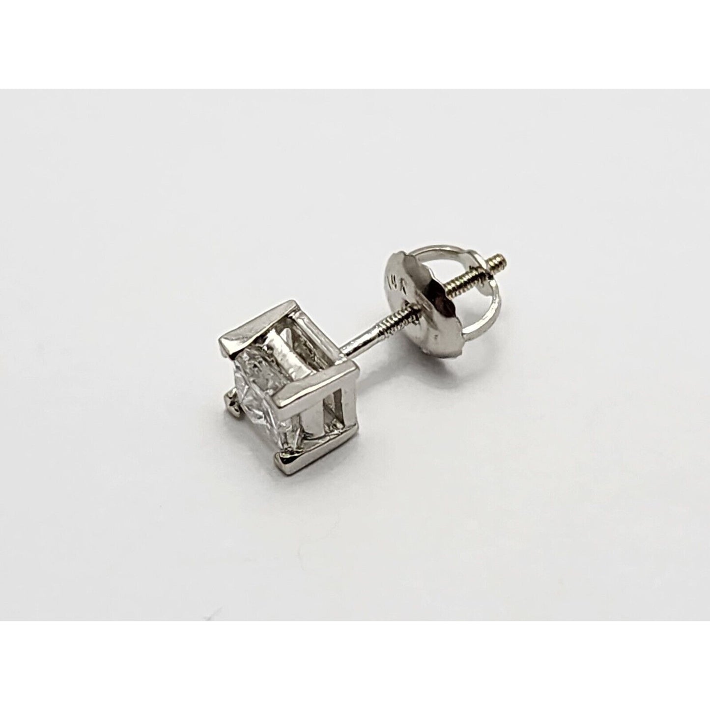 Single 14K White Gold Square Princess Cut Diamond Screw Back Stud Earring