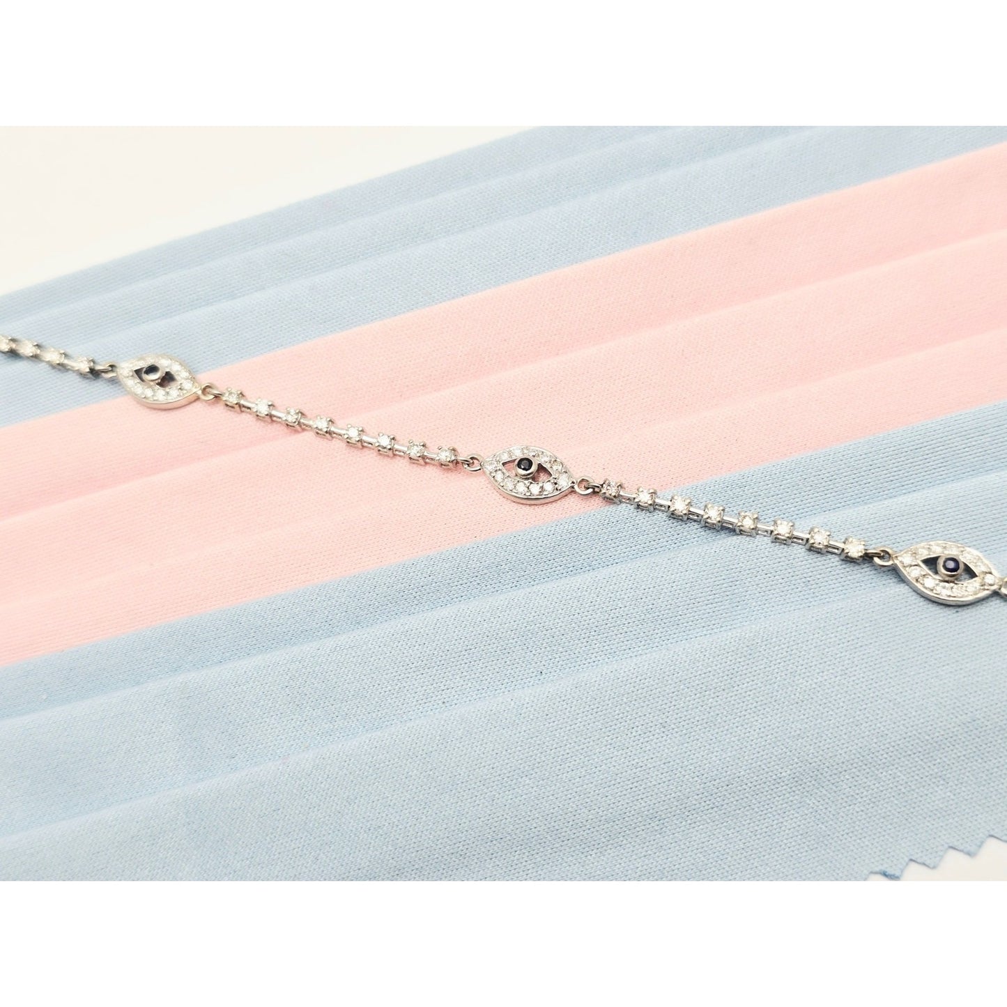 18K & 14K White Gold Evil Eye Diamond & Sapphire Tennis Link Bracelet