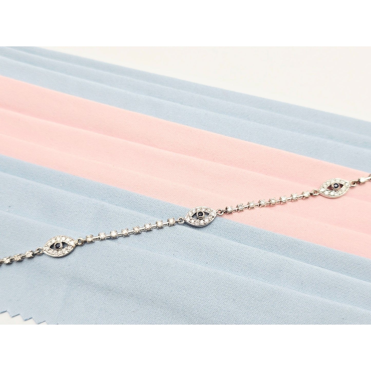 18K & 14K White Gold Evil Eye Diamond & Sapphire Tennis Link Bracelet