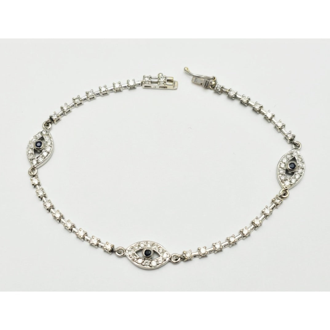 18K & 14K White Gold Evil Eye Diamond & Sapphire Tennis Link Bracelet