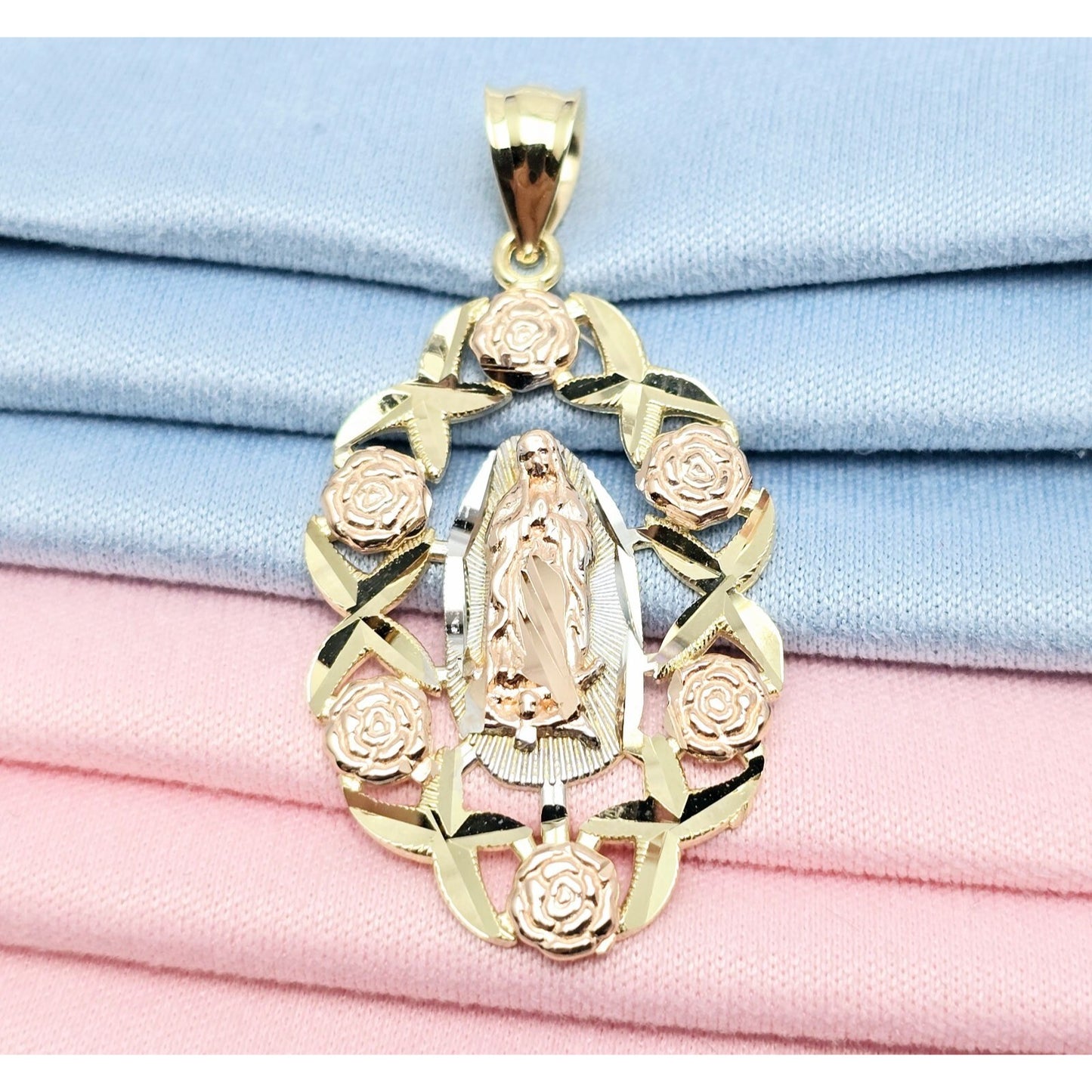 14K Tri Tone Gold Religious Flower Floral Saint Mary Charm Pendant