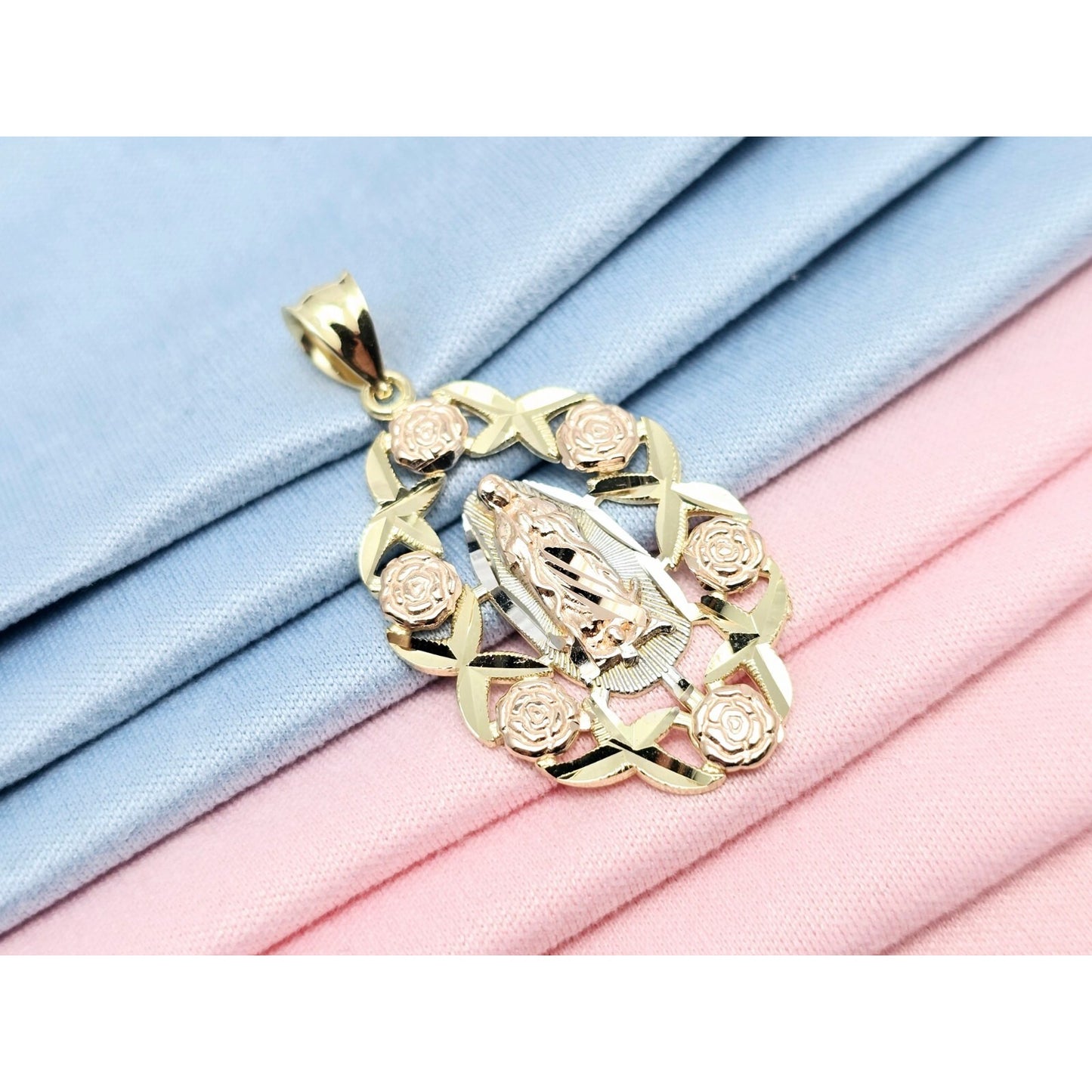 14K Tri Tone Gold Religious Flower Floral Saint Mary Charm Pendant