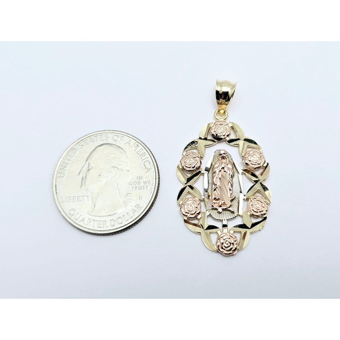 14K Tri Tone Gold Religious Flower Floral Saint Mary Charm Pendant