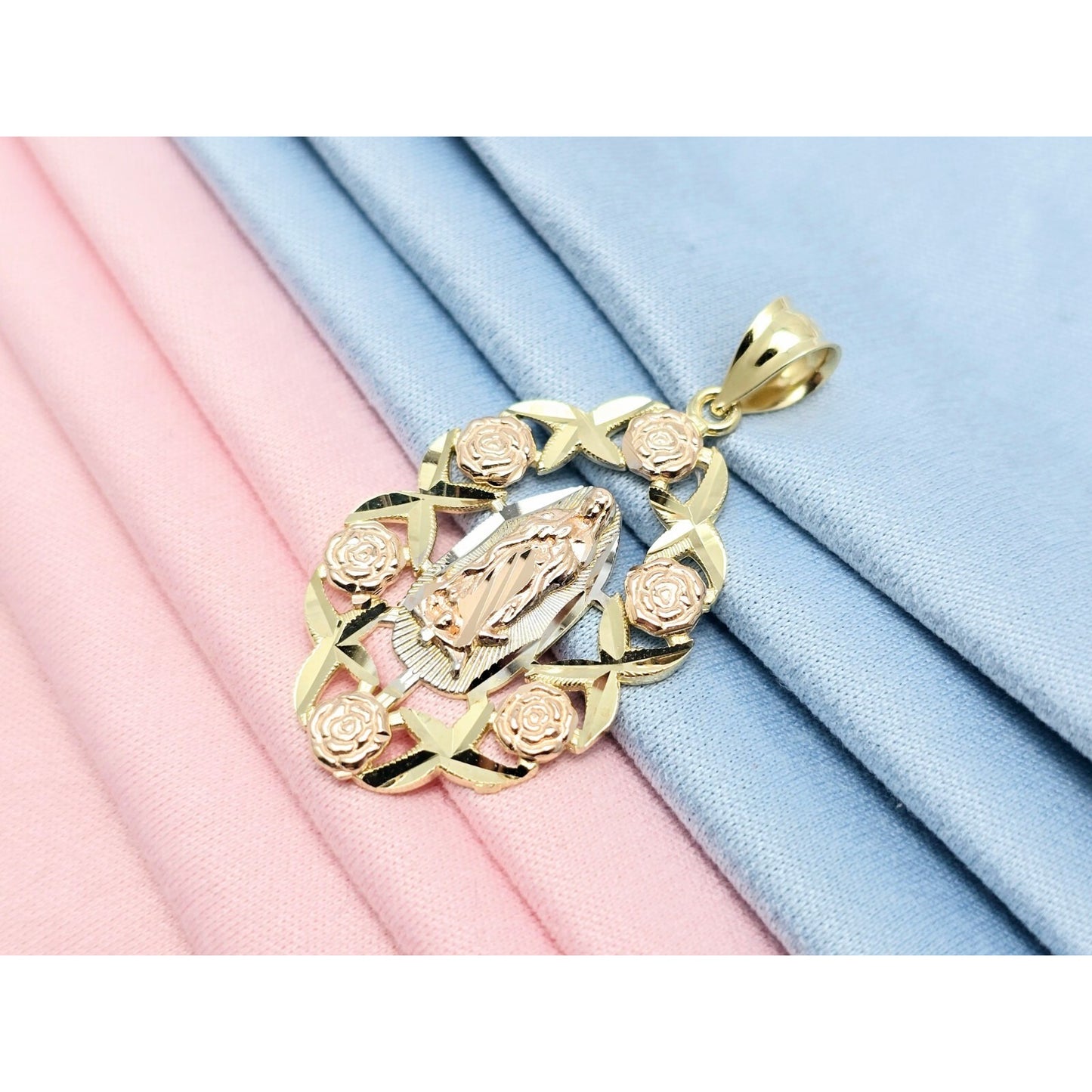 14K Tri Tone Gold Religious Flower Floral Saint Mary Charm Pendant