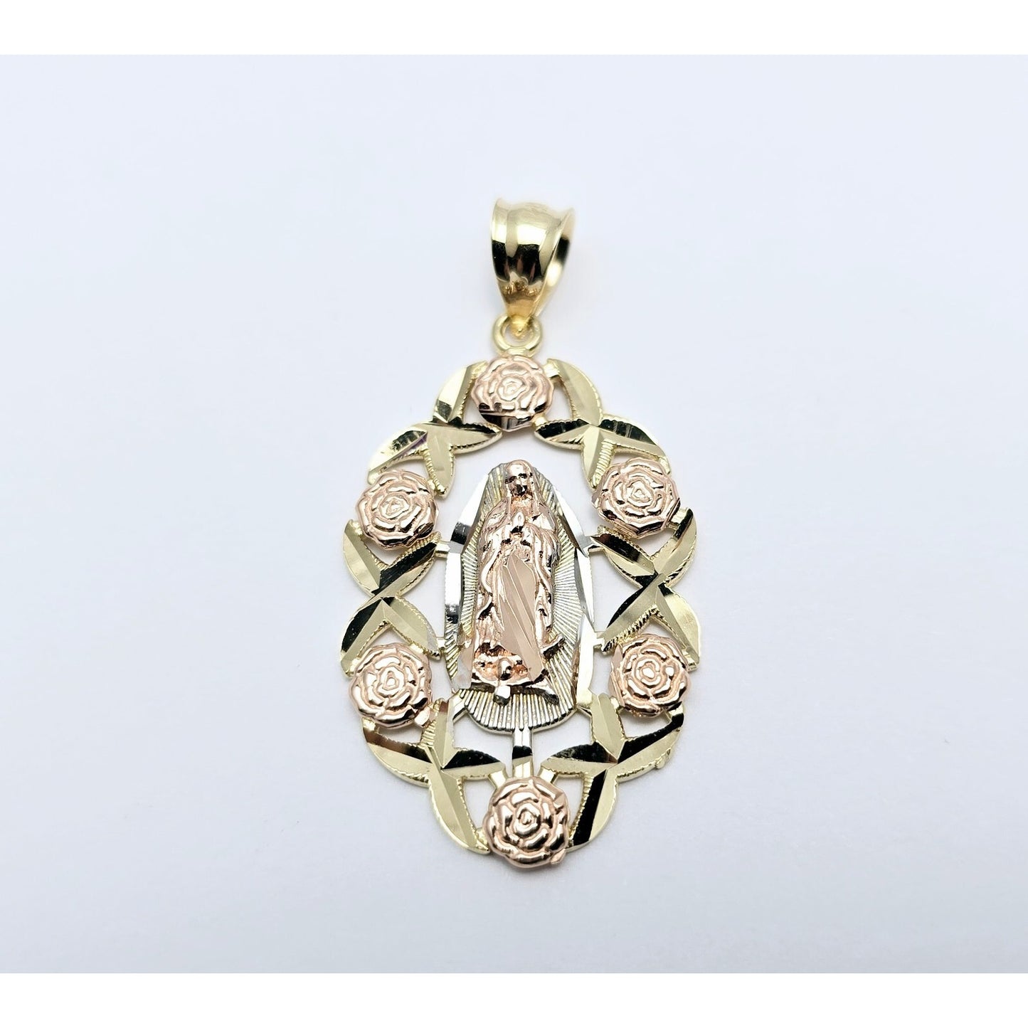 14K Tri Tone Gold Religious Flower Floral Saint Mary Charm Pendant