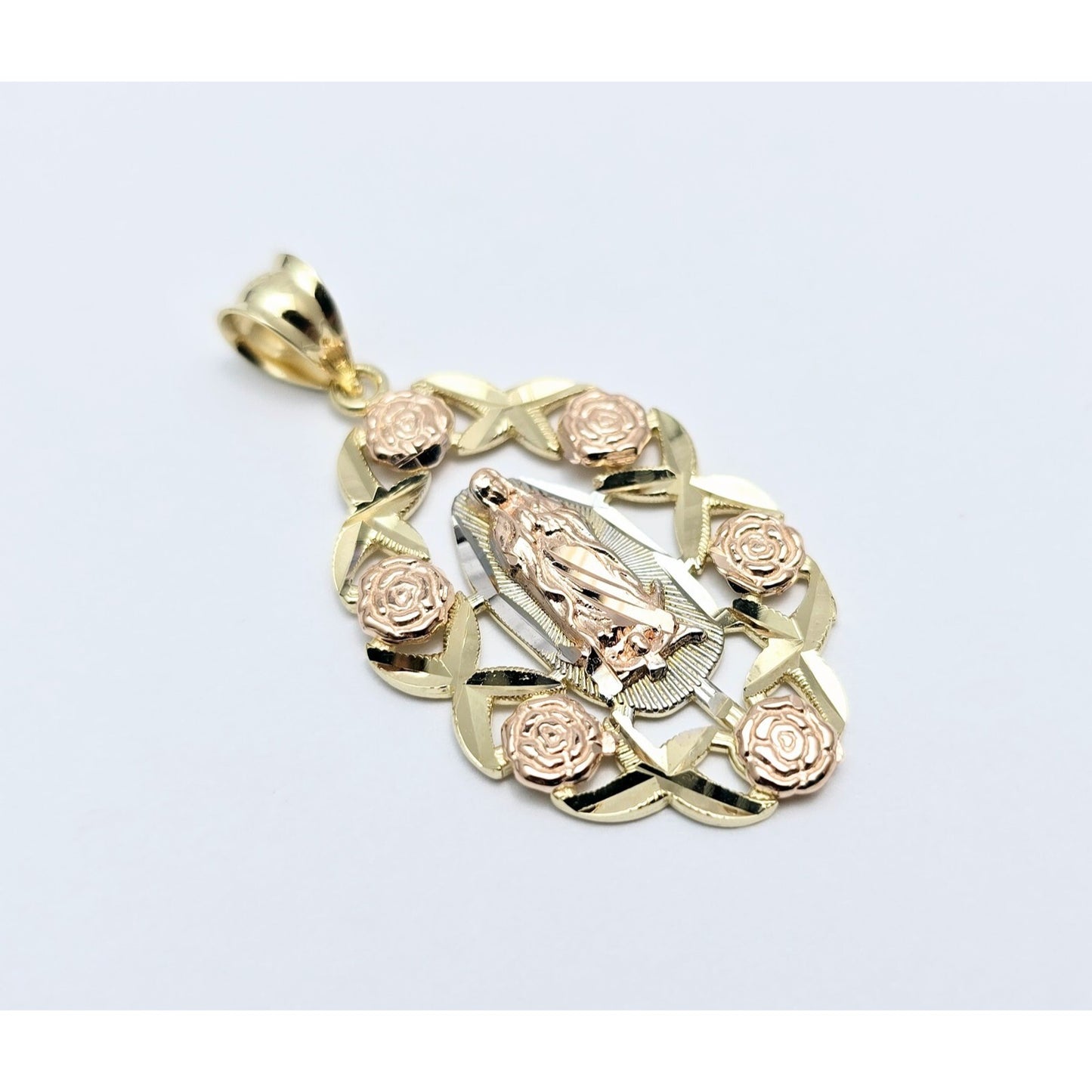 14K Tri Tone Gold Religious Flower Floral Saint Mary Charm Pendant