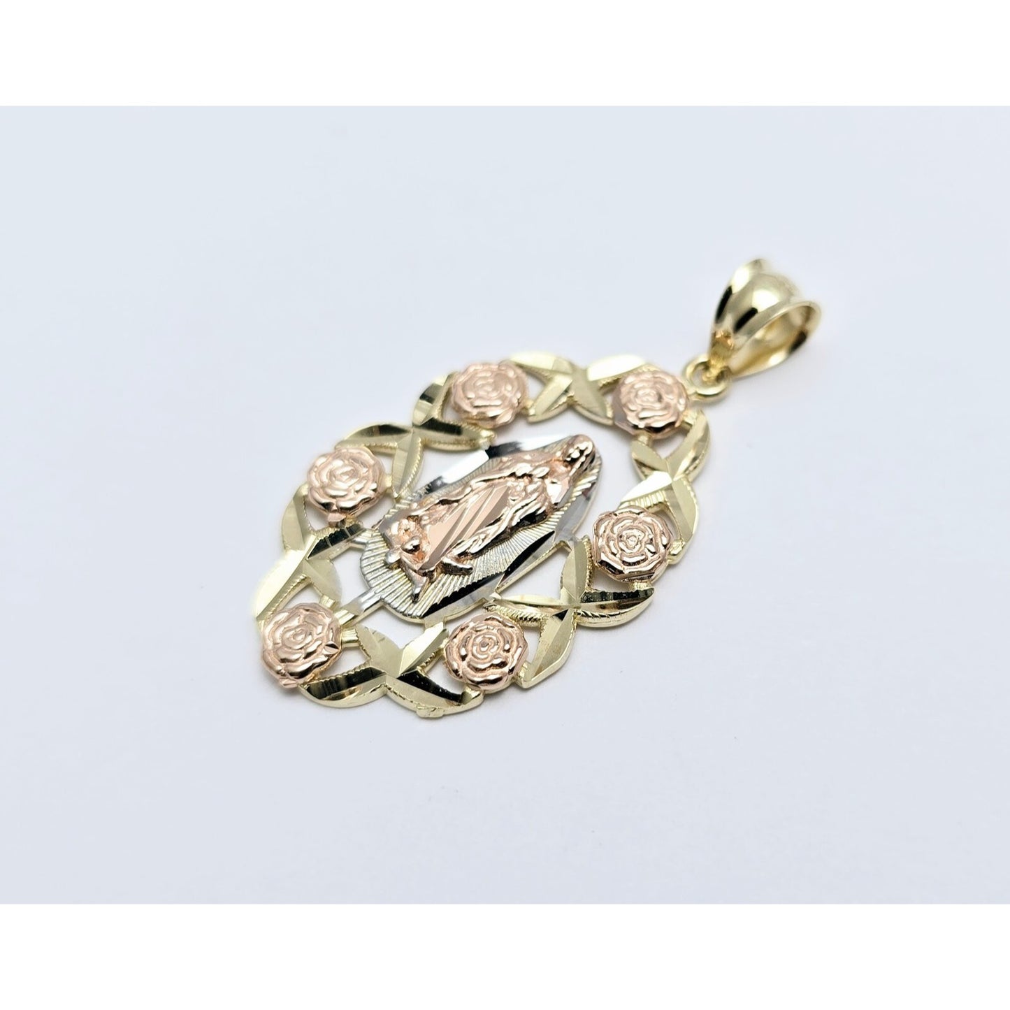 14K Tri Tone Gold Religious Flower Floral Saint Mary Charm Pendant