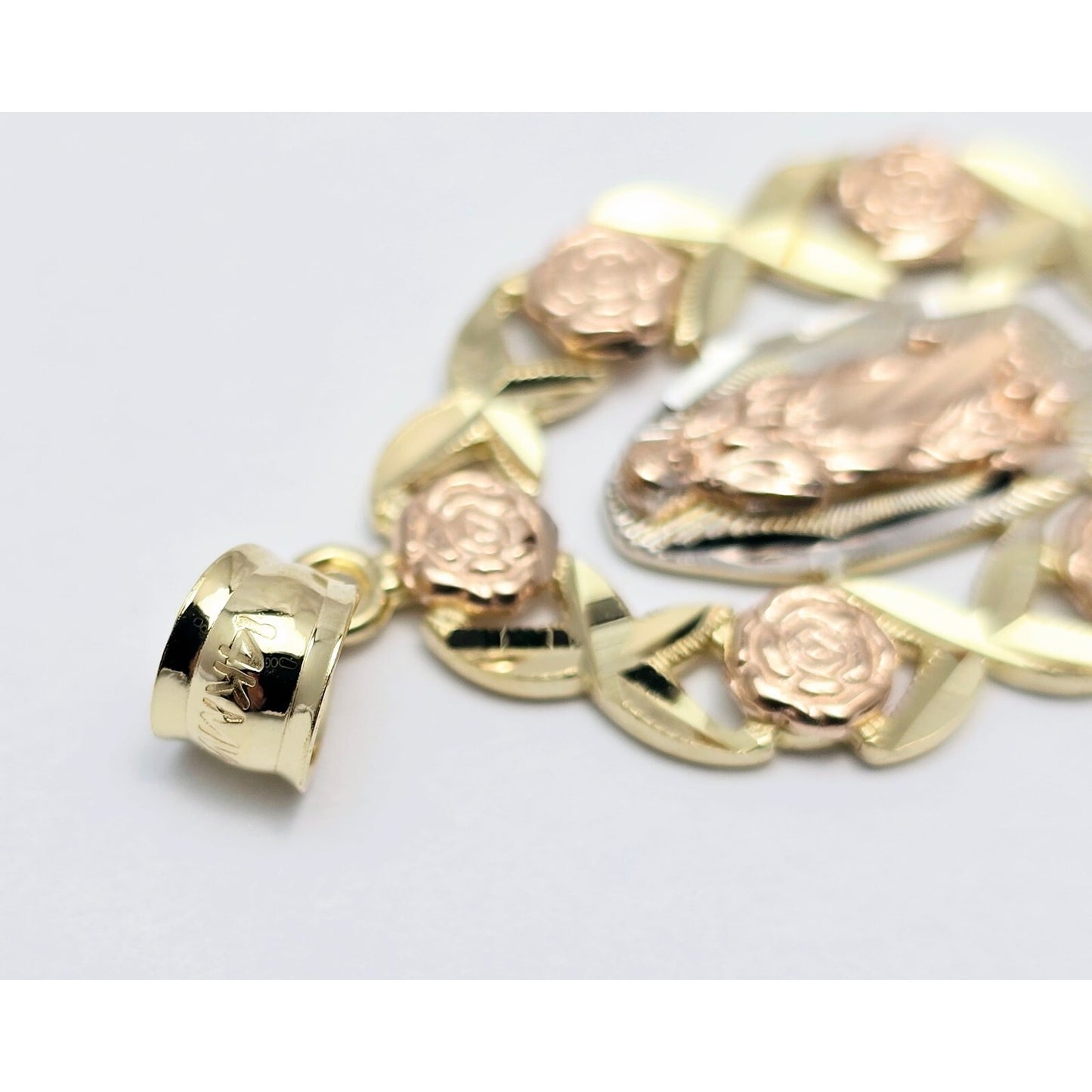 14K Tri Tone Gold Religious Flower Floral Saint Mary Charm Pendant