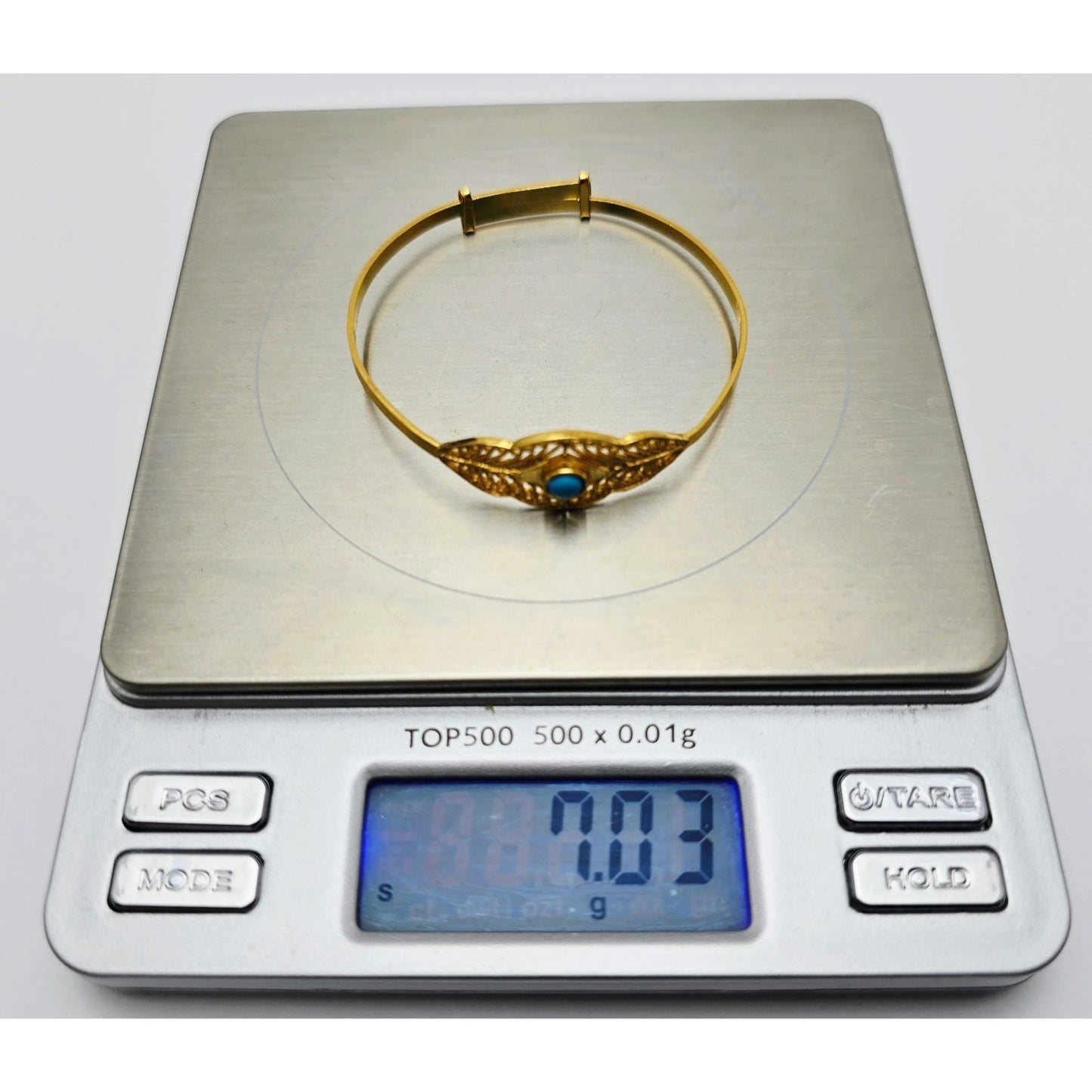 21K Yellow Gold Resizable Filigree Turquoise Bangle Bracelet