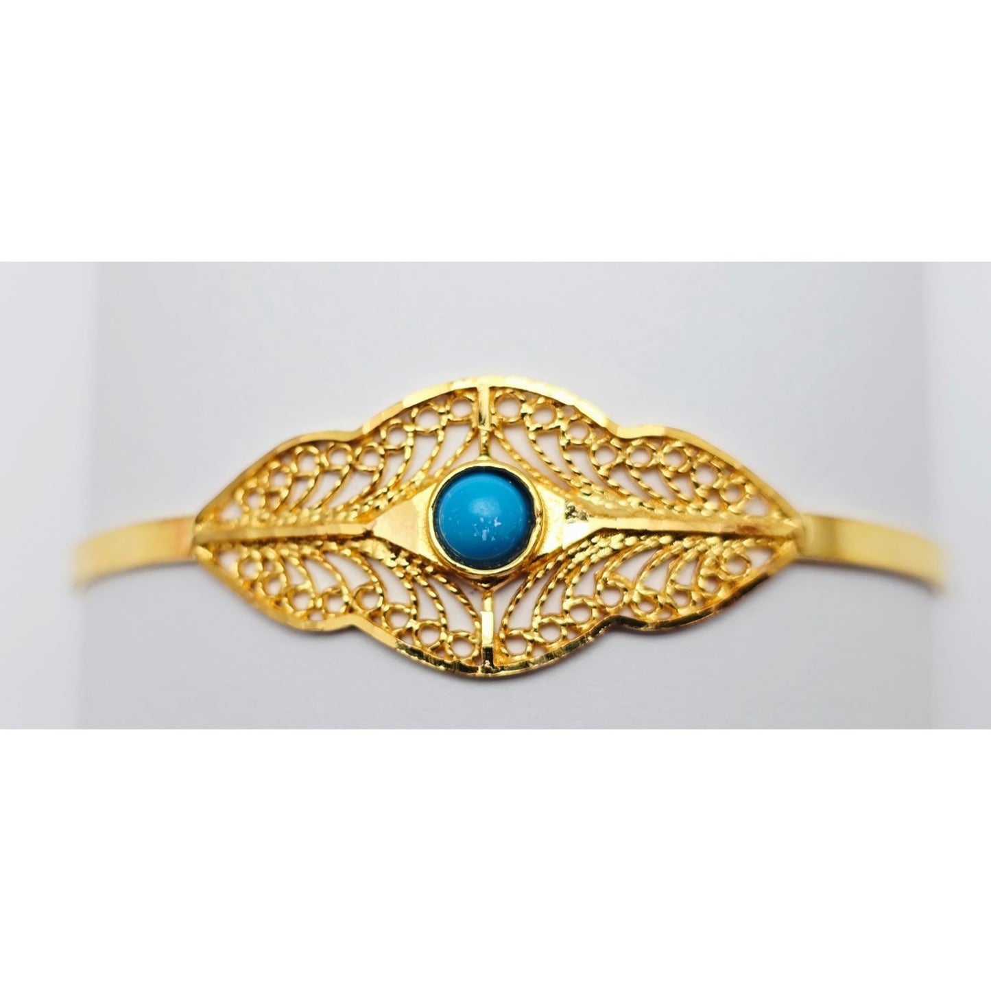 21K Yellow Gold Resizable Filigree Turquoise Bangle Bracelet