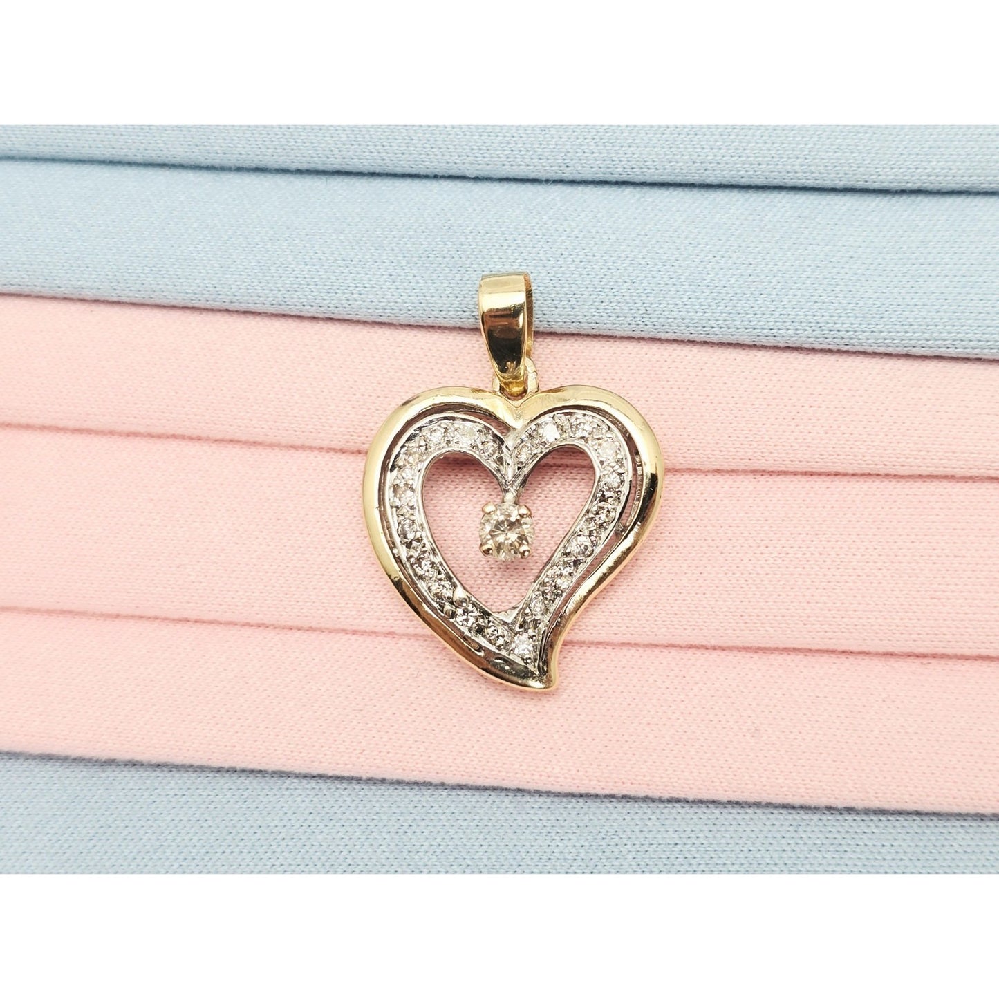 14K Two Tone Gold Double Open Heart Diamond Charm Pendant