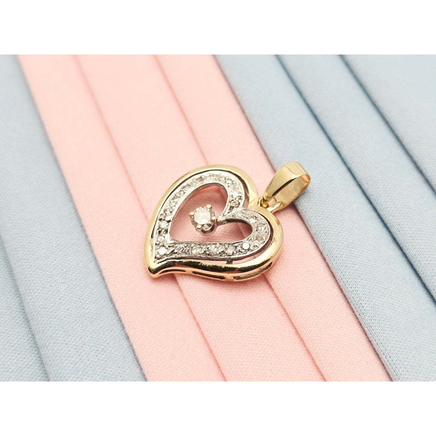14K Two Tone Gold Double Open Heart Diamond Charm Pendant