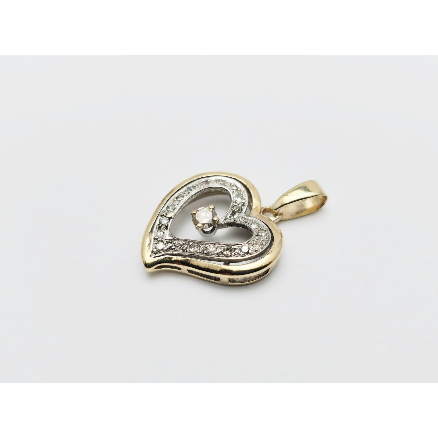 14K Two Tone Gold Double Open Heart Diamond Charm Pendant