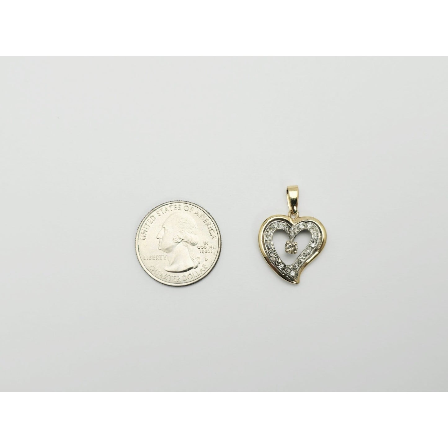 14K Two Tone Gold Double Open Heart Diamond Charm Pendant