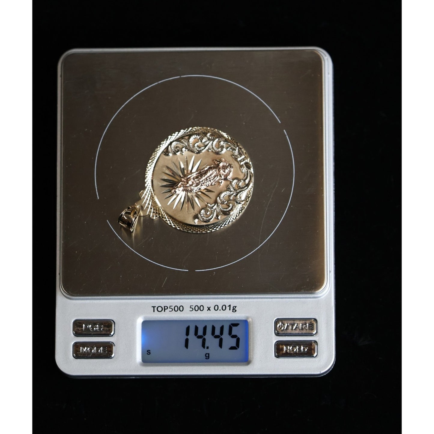 Large 14K Tri Tone Gold Saint Mary Round Charm Pendant