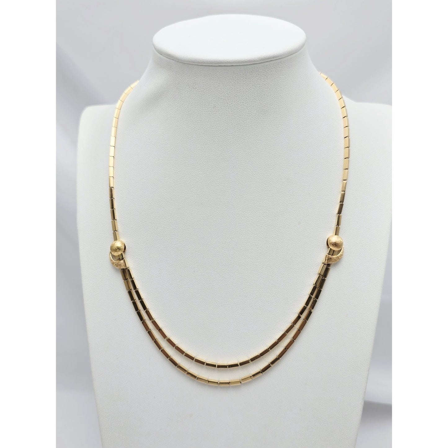 18K Yellow Gold Double Layer Tube Bar Bead Link Chain Necklace