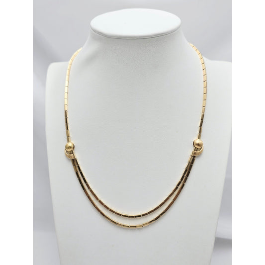 18K Yellow Gold Double Layer Tube Bar Bead Link Chain Necklace