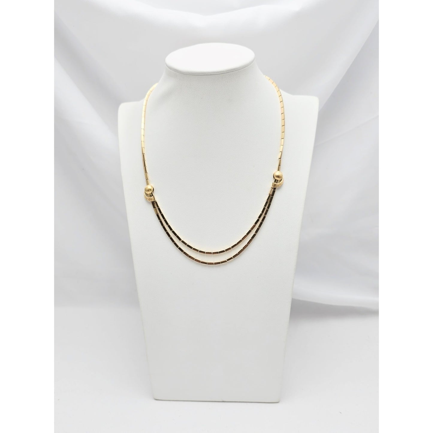 18K Yellow Gold Double Layer Tube Bar Bead Link Chain Necklace
