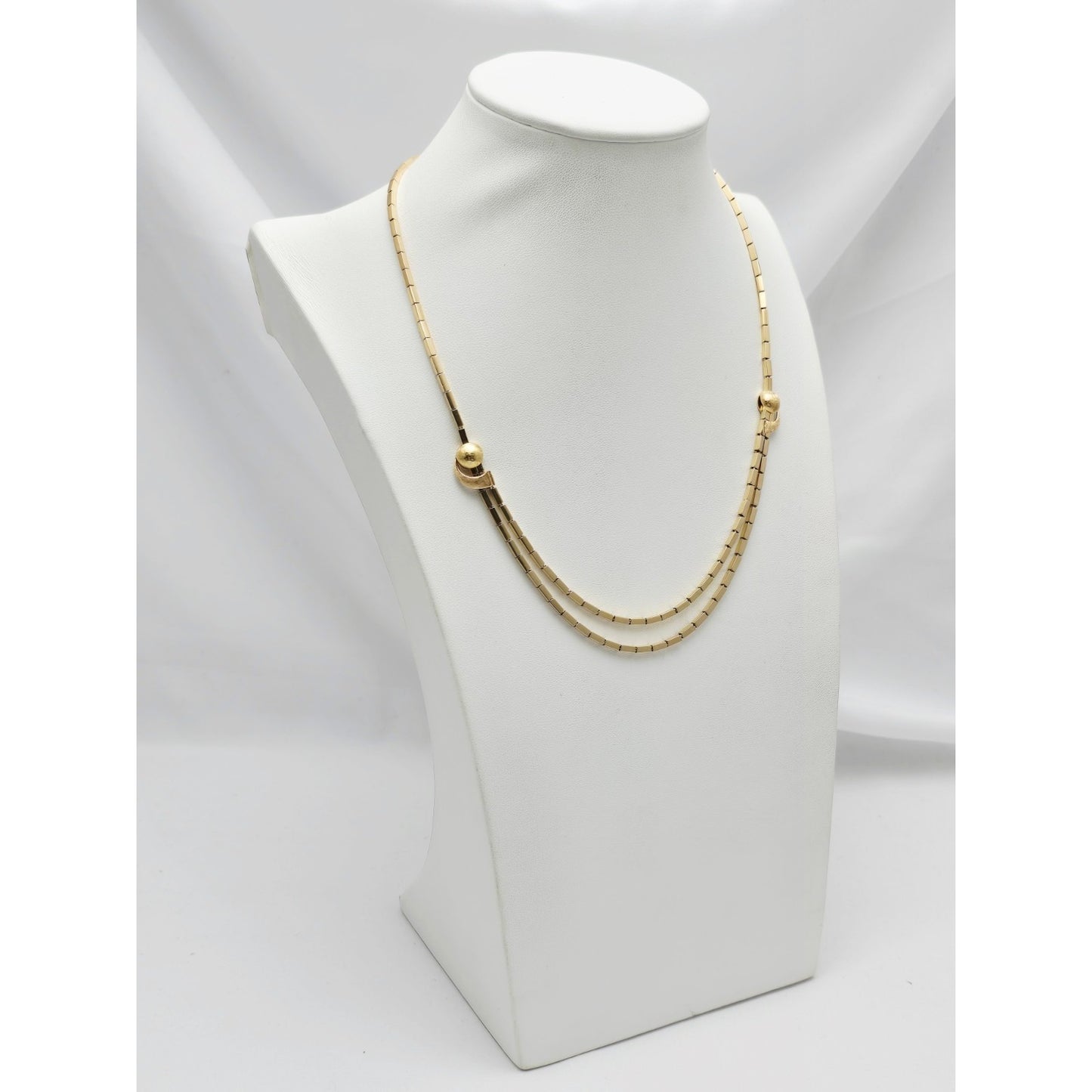 18K Yellow Gold Double Layer Tube Bar Bead Link Chain Necklace