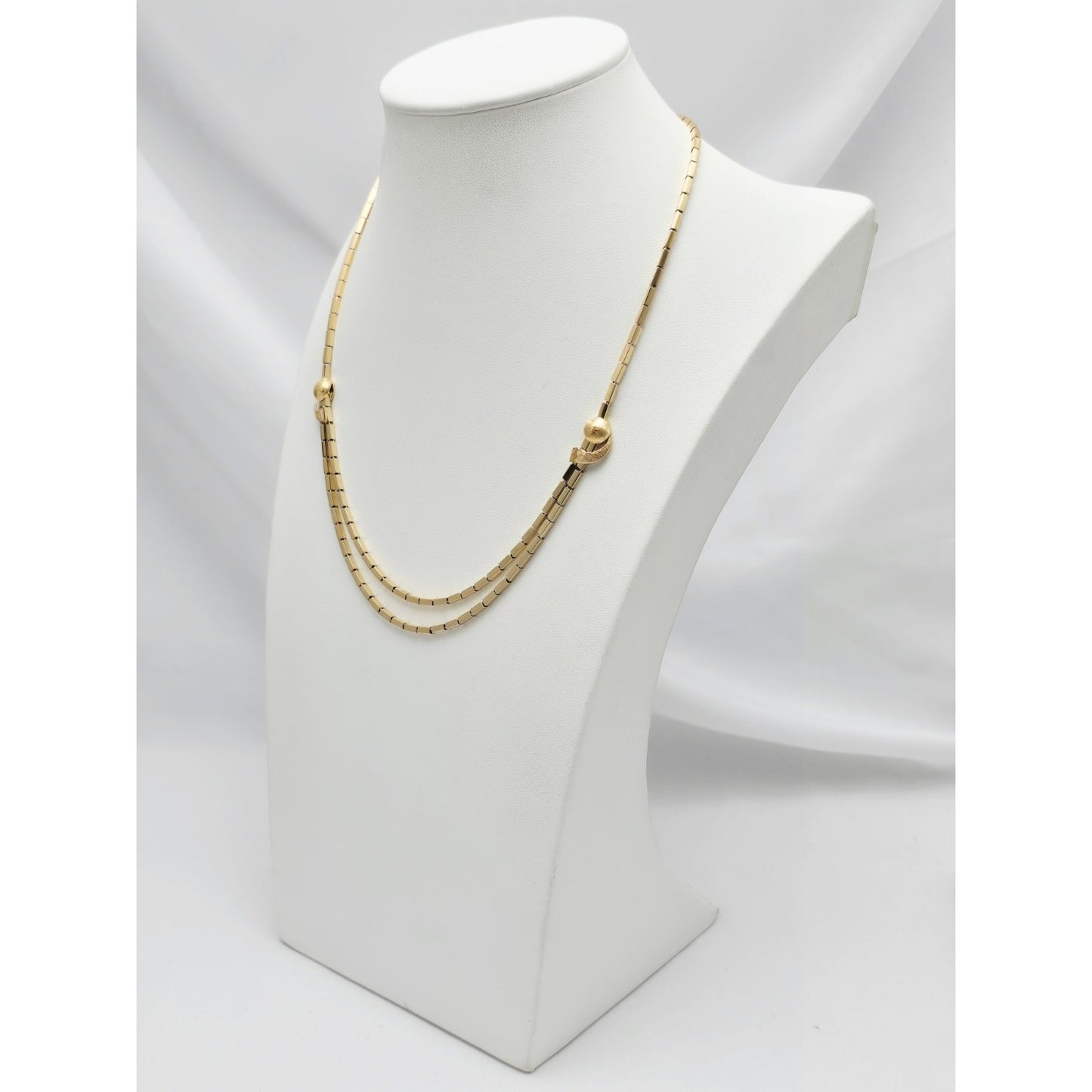 18K Yellow Gold Double Layer Tube Bar Bead Link Chain Necklace