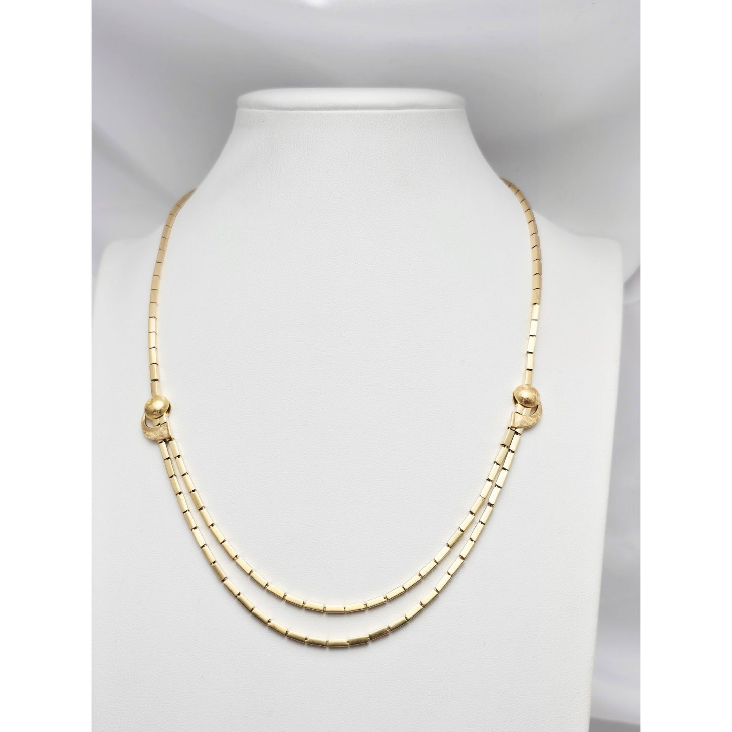 18K Yellow Gold Double Layer Tube Bar Bead Link Chain Necklace