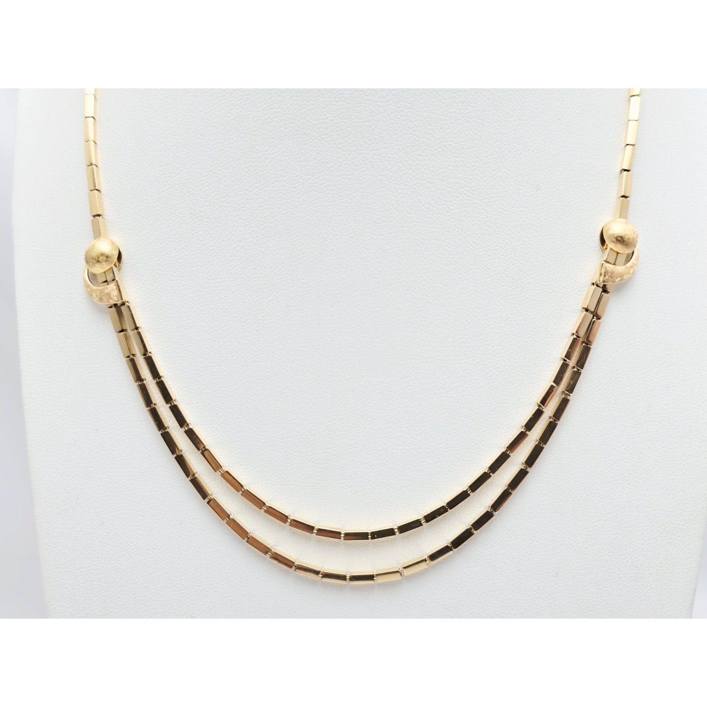 18K Yellow Gold Double Layer Tube Bar Bead Link Chain Necklace