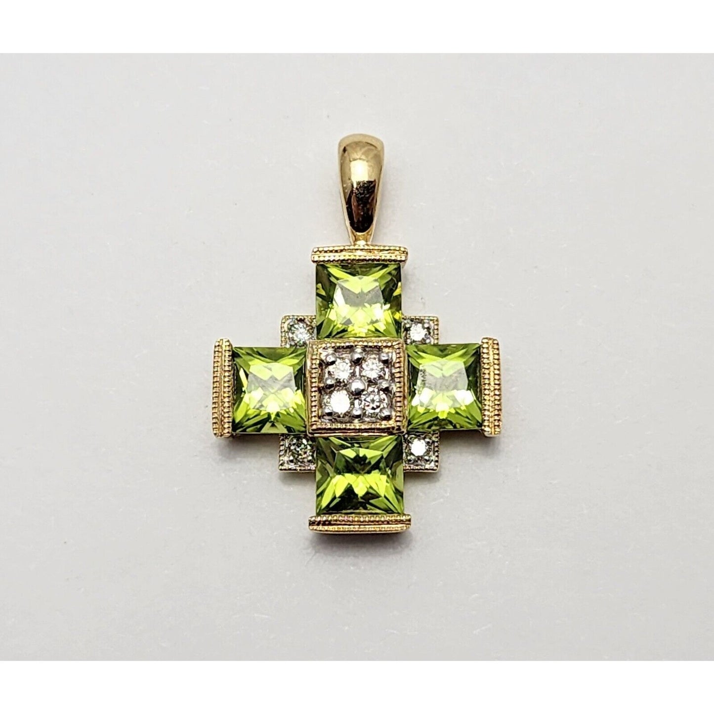 10K Yellow Gold Diamond & Peridot Greek Cross Charm Pendant