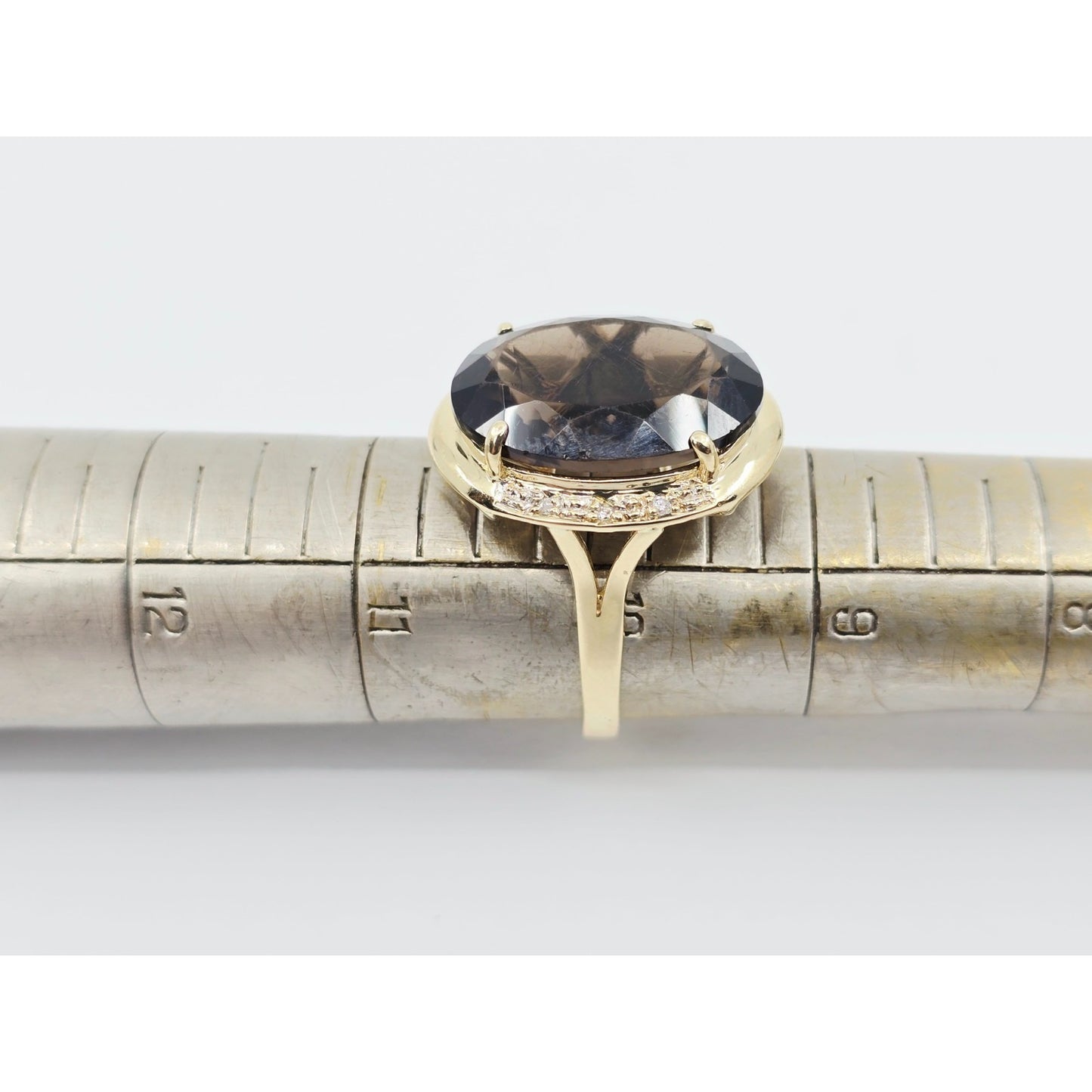 Large 14K Yellow Gold Smoky Quartz & Diamond Ring