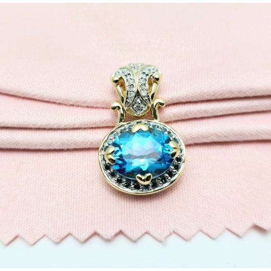 14K Two Tone Gold Blue Topaz & Diamond Charm Pendant