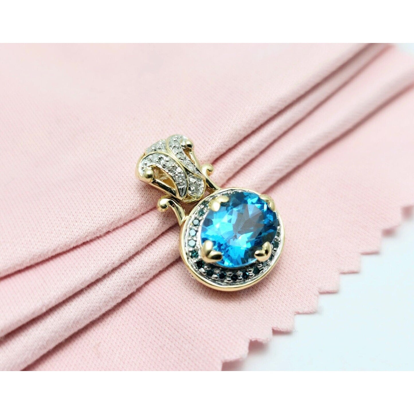 14K Two Tone Gold Blue Topaz & Diamond Charm Pendant