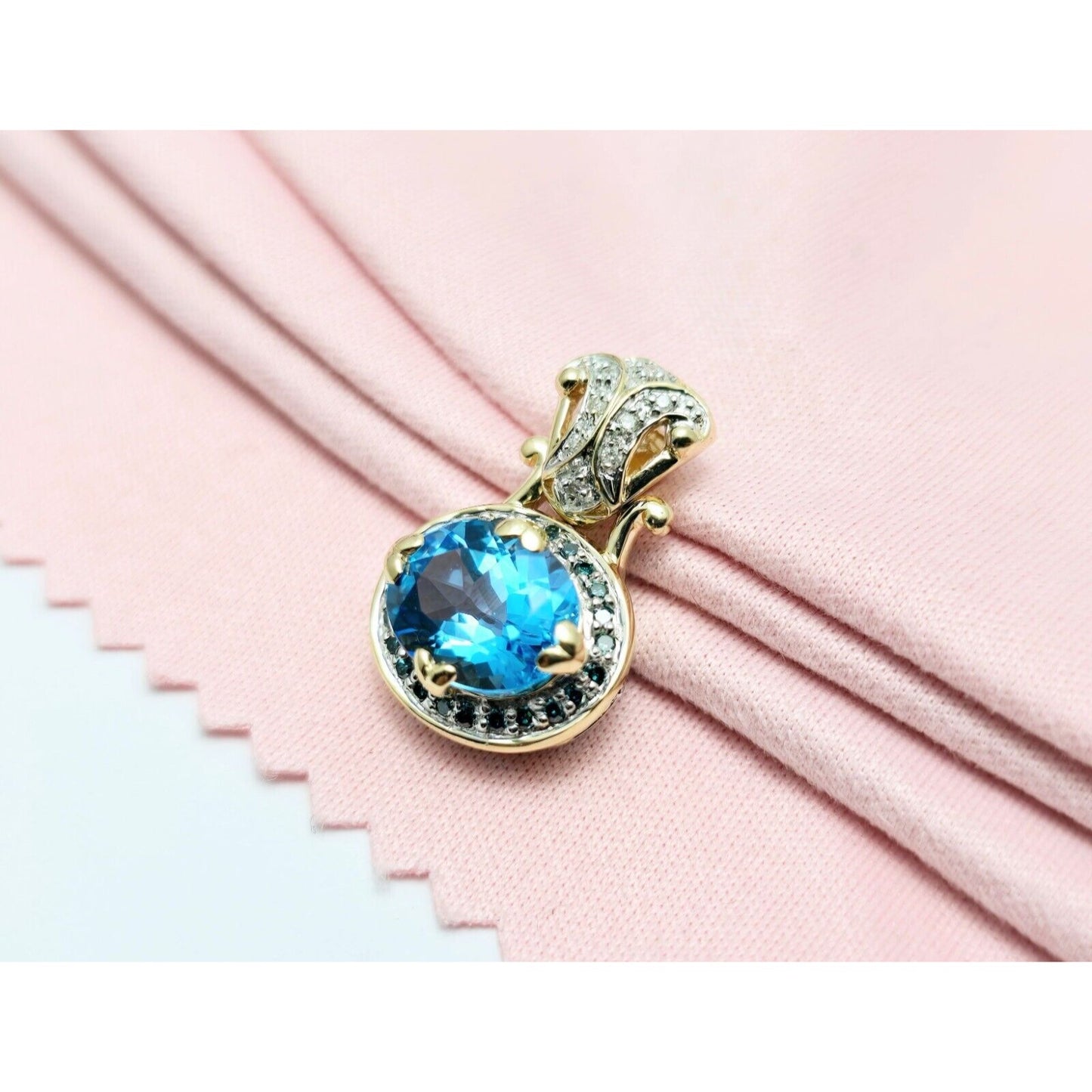 14K Two Tone Gold Blue Topaz & Diamond Charm Pendant
