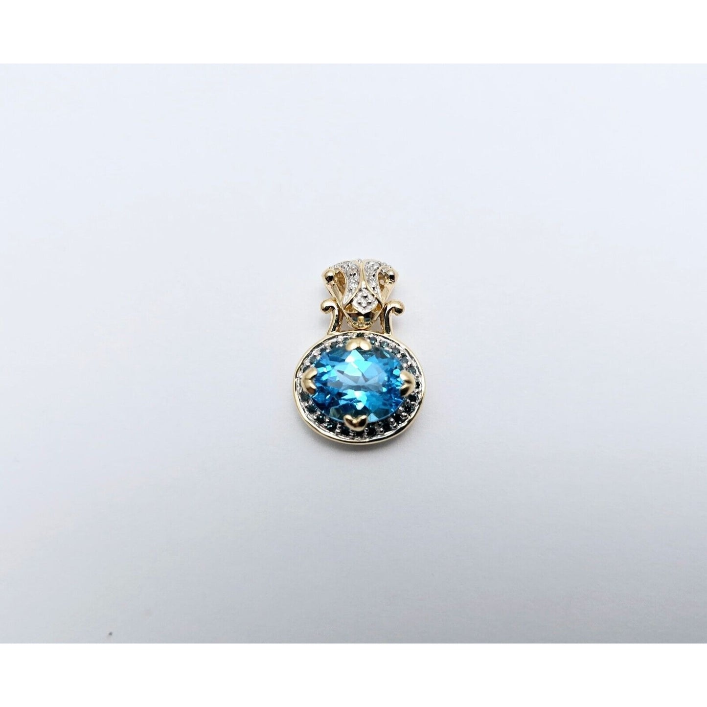 14K Two Tone Gold Blue Topaz & Diamond Charm Pendant