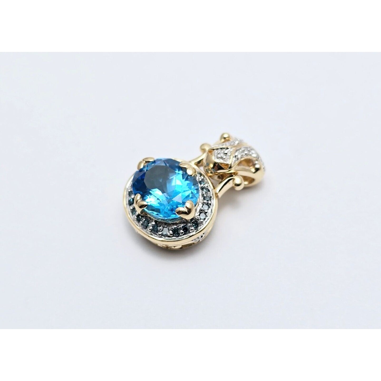 14K Two Tone Gold Blue Topaz & Diamond Charm Pendant
