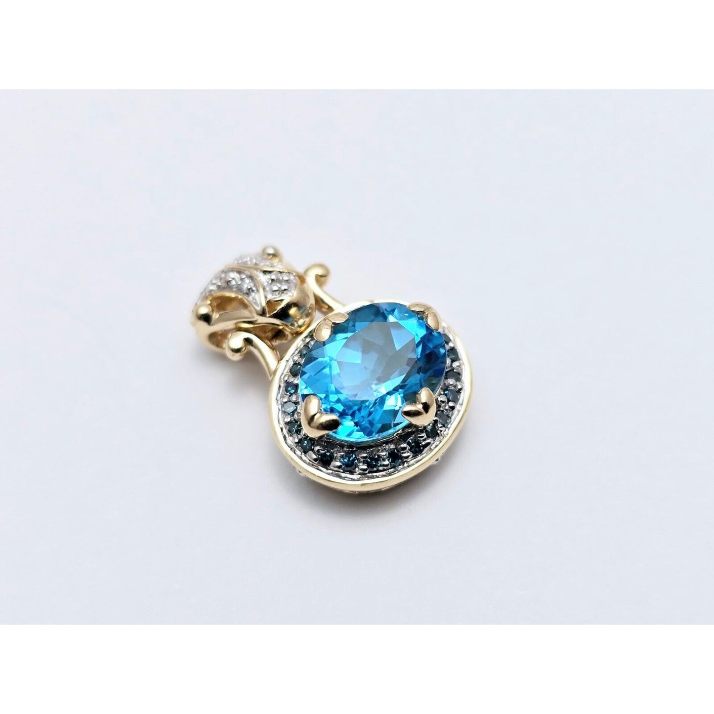 14K Two Tone Gold Blue Topaz & Diamond Charm Pendant