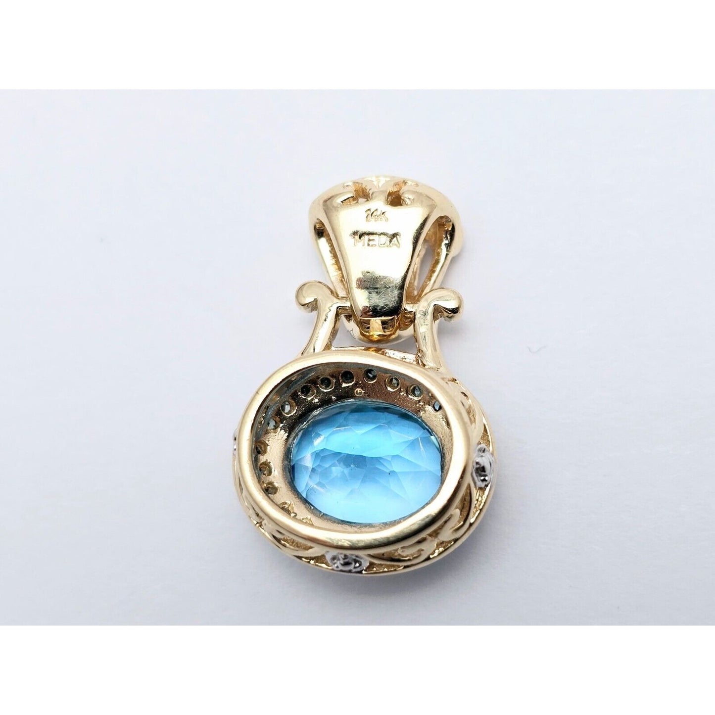 14K Two Tone Gold Blue Topaz & Diamond Charm Pendant