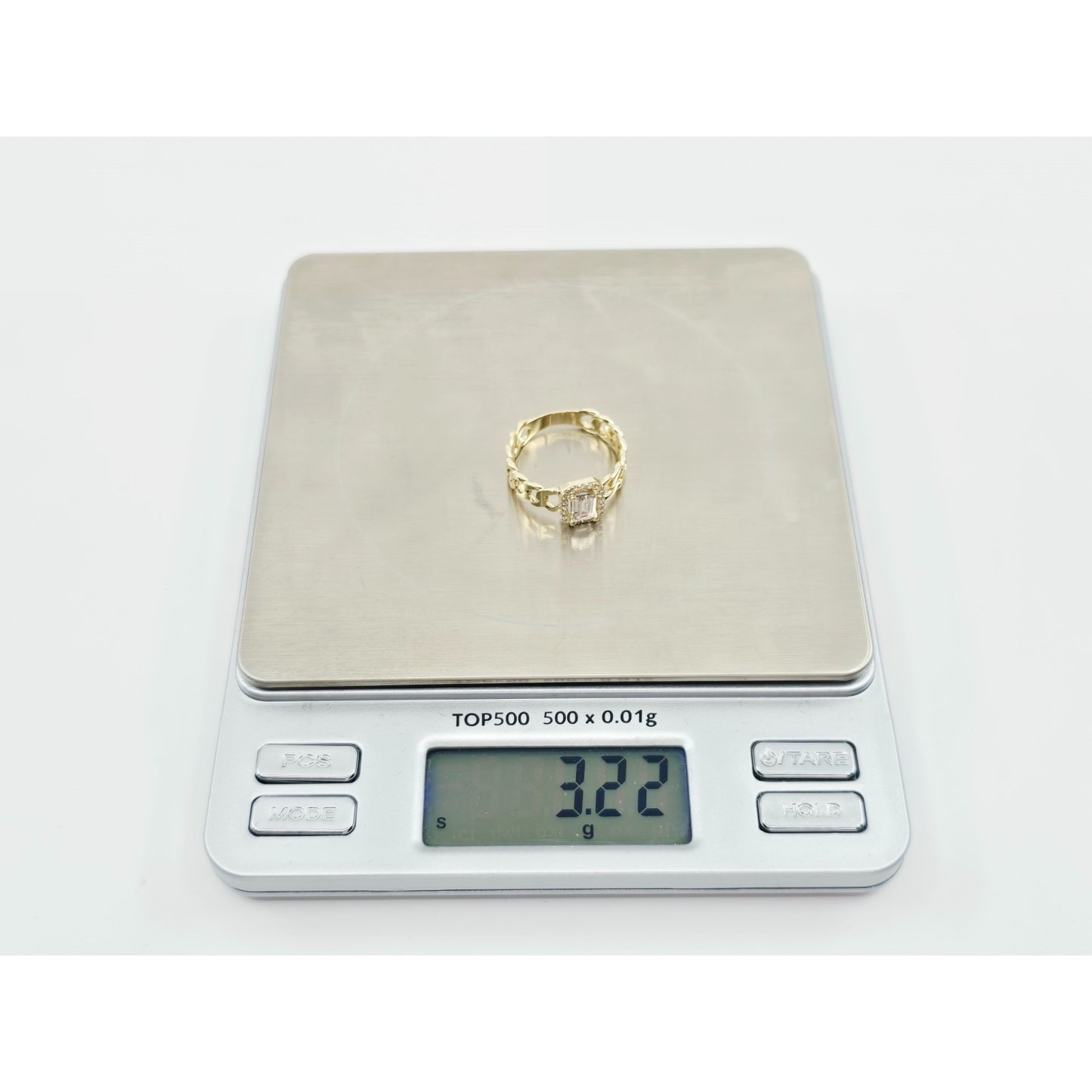 14K Yellow Gold Cuban Style Emerald CZ Ring