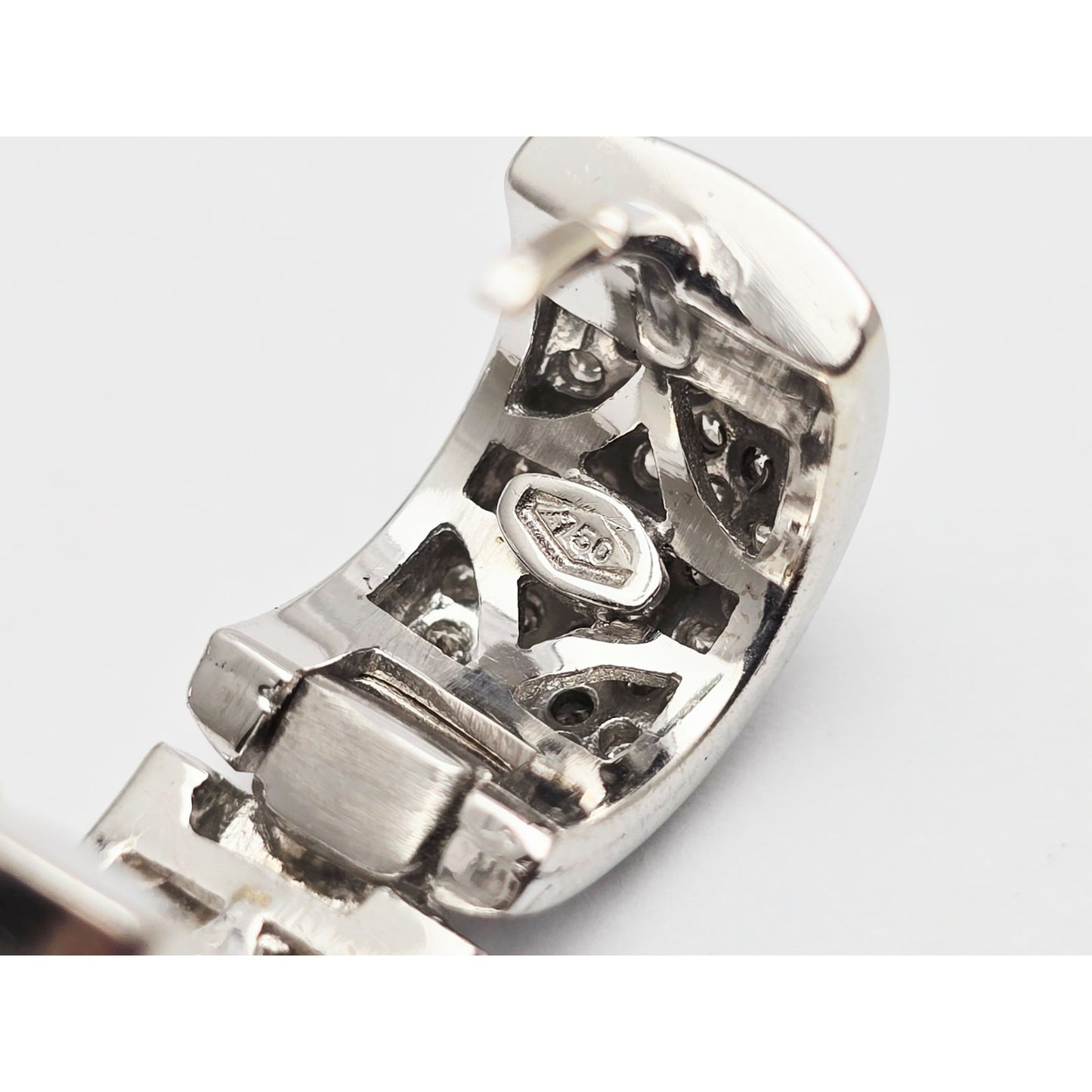 18K White Gold Round Diamond Hinged Hoop Huggie Earrings