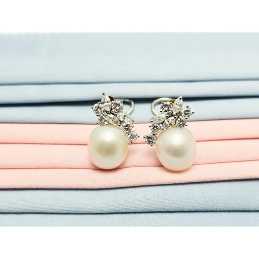 14K White Gold Pearl & Diamond French Clip Earrings