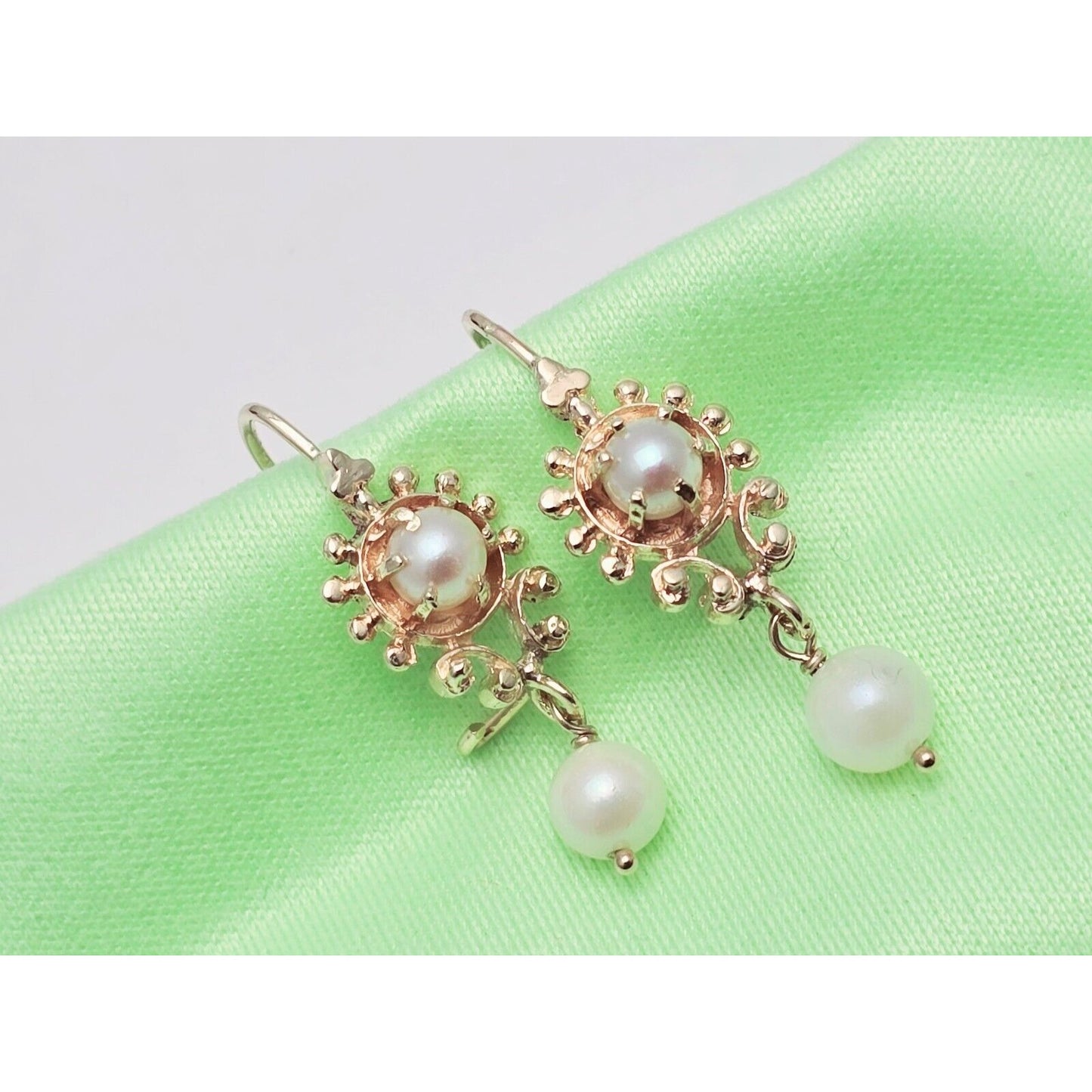 14K Yellow Gold Drop Dangle French Clip Pearl Earrings