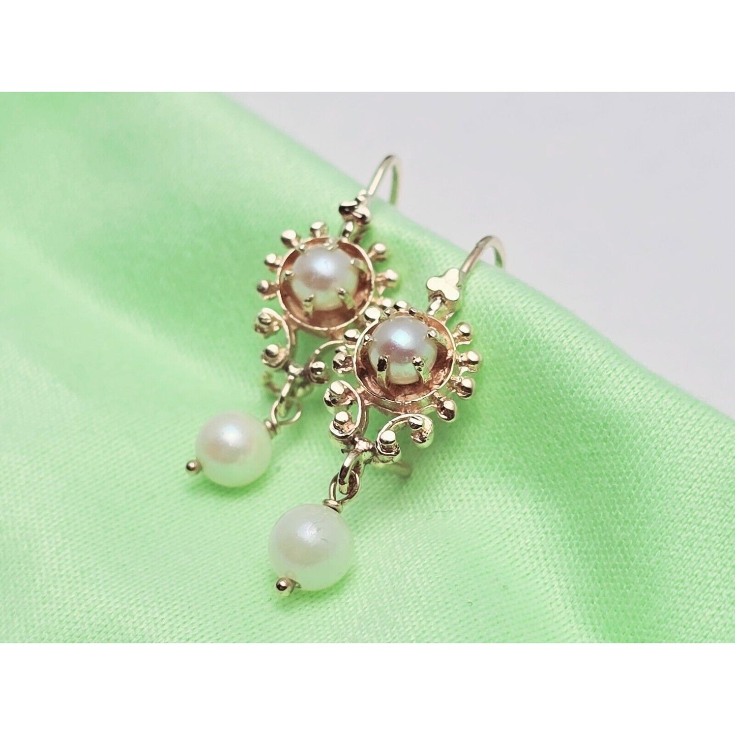 14K Yellow Gold Drop Dangle French Clip Pearl Earrings
