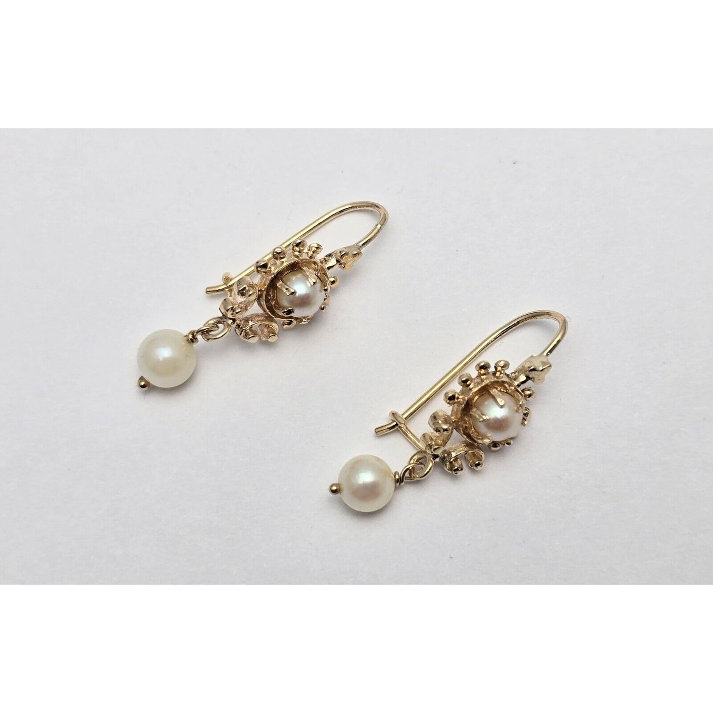 14K Yellow Gold Drop Dangle French Clip Pearl Earrings