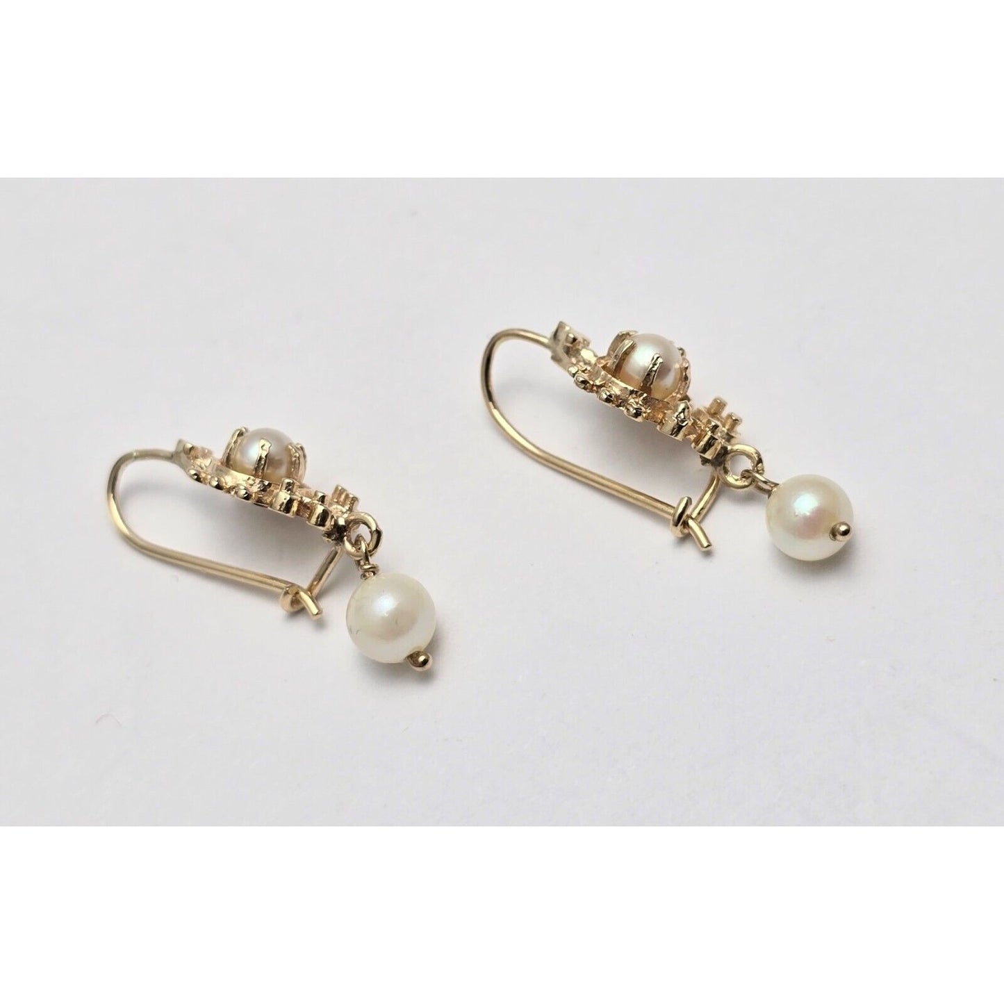 14K Yellow Gold Drop Dangle French Clip Pearl Earrings