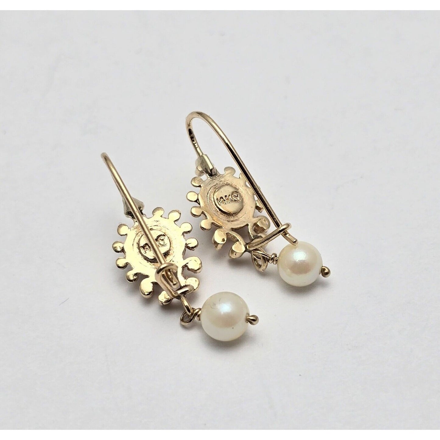 14K Yellow Gold Drop Dangle French Clip Pearl Earrings