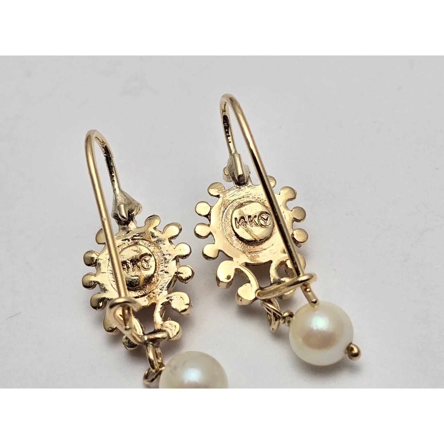 14K Yellow Gold Drop Dangle French Clip Pearl Earrings