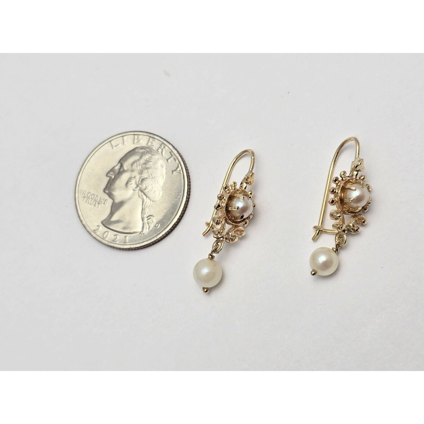 14K Yellow Gold Drop Dangle French Clip Pearl Earrings